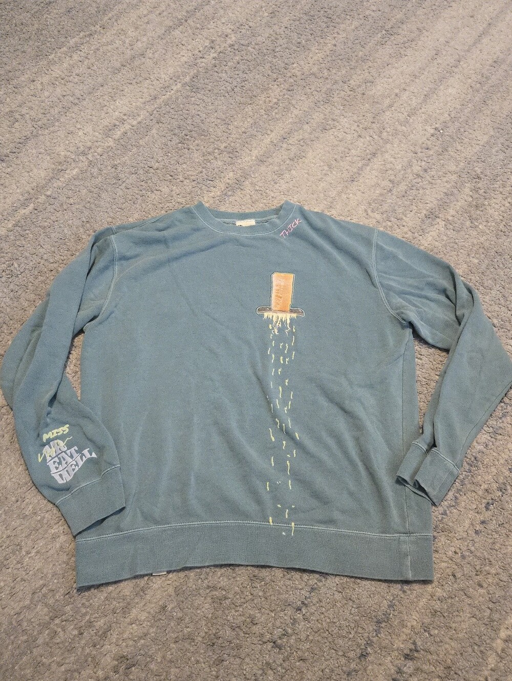 Mr Eat Well Thick Graphic Crewneck Sweatshirt Mens L Teal Independent Trading Co